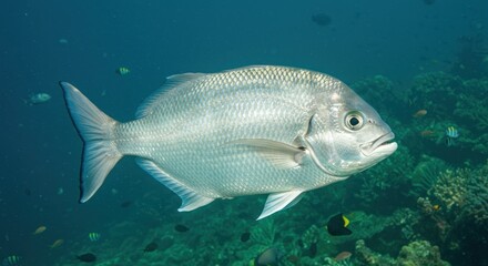 A large silver fish swims in open ocean with coral reef visible in the background