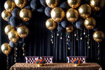 Opulent, deep golden bokeh background with shimmering lights. Metallic balloons (gold, red, orange, blue) and confetti create a festive celebrations scene.