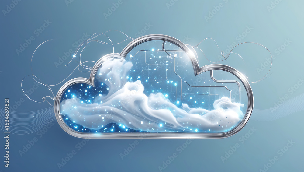 Poster futuristic cloud computing concept illustrating data storage and network connectivity symbolism