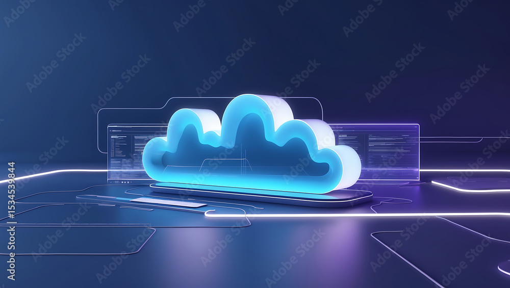 Poster futuristic cloud computing concept illustrating data storage and online information technology