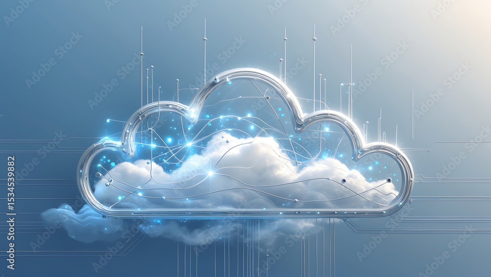 Poster futuristic cloud computing concept illustration depicting data storage and network connections