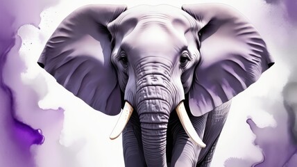 Elephant art grayscale pachyderm facing forward against a watercolor violet  white background