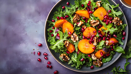 Plate of delicious salad with persimmon, pomegranate seeds and walnut on purple background