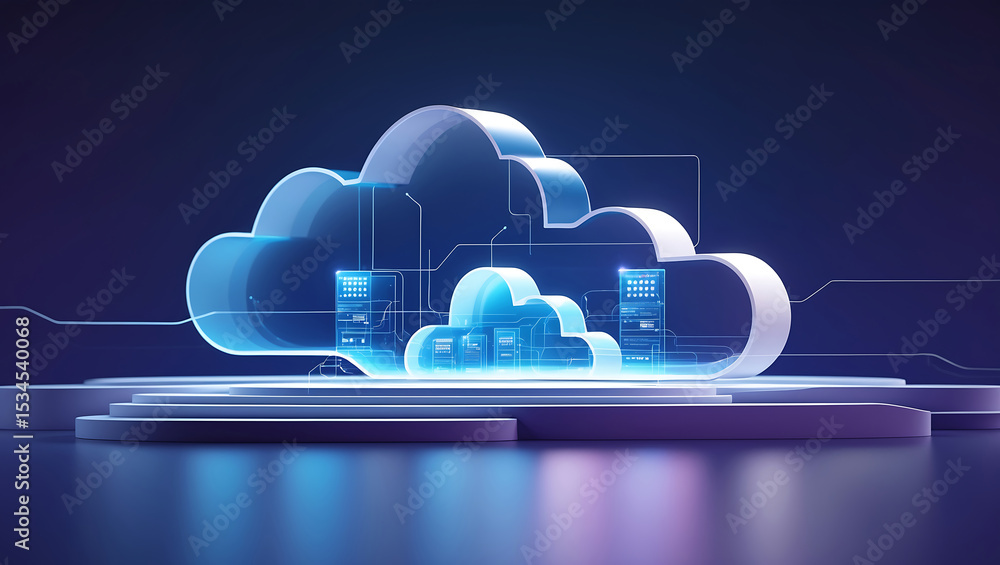 Poster modern digital cloud computing technology illustration depicting network and data storage concepts