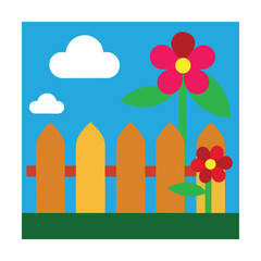 Backyard View with Wooden Fence and Blooming Flowers