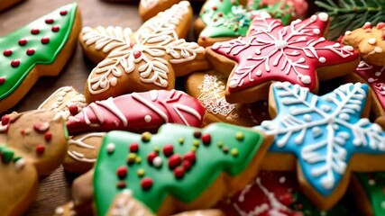 Festive pile of holiday cookies iced with colorful designs of stars, trees, and gingerbread men for seasonal cheer. - Powered by Adobe