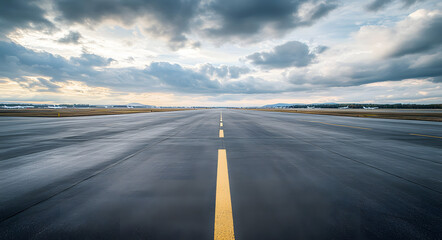 Empty airport runway with cloudy sky, no planes seen