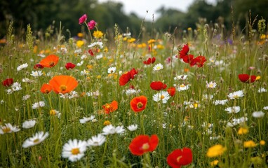 A clean and high resolution image showing wildflowers and biodiversity in untouched meadows with eco friendly context.
