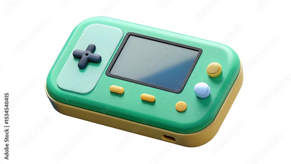 Poster 3d render of a retro handheld console featuring pastel colors and minimalist design