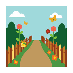 Garden Path with Flowers and Butterflies by Fence