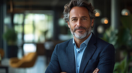 Fototapeta premium Happy middle aged business man standing in office arms crossed wearing a suit and shirt.