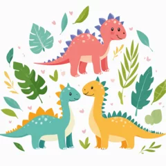  A group of adorable cartoon dinosaurs in pastel colors, smiling and standing in a playful prehistoric scene © Rahmat Hidayat