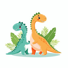 A group of cheerful baby dinosaurs in pastel colors, standing on grass with bright expressions.