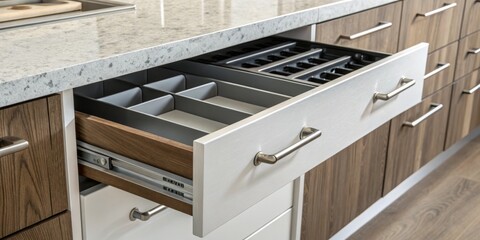 Open Kitchen Drawer Custom Wood Dividers and White Front with Granite Countertop, Kitchen, Design