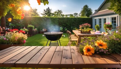 relaxing summer evening in a backyard garden with a grill bbq wooden table decorated with flowers blurred background