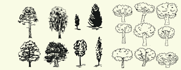 Hand-drawn tree illustration vector set featuring a variety of tree doodles in a minimal and organic line-art style.