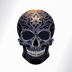 A cracked skull with fiery red aura, emerging from dark shadows with a gothic style