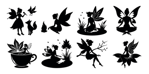 A fairy with sparkles around, black and white silhouettes of flowers