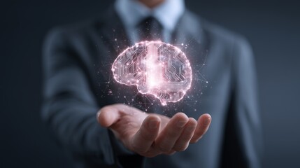 businessman holding digital brain hologram symbolizing artificial intelligence concept