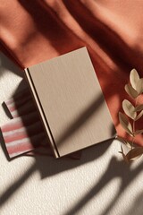 Modern book cover mockup featuring aesthetic shadows with textured fabric and decorative elements creating a cozy atmosphere