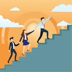 Leadership development, team success or motivation to lead team to reach goal, improvement or progress, growing together concept, businessman and woman team holding hand walk up rising growth arro