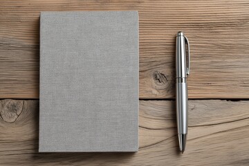 Elegant notebook and sleek pen arranged on a rustic wooden table for creative inspiration and note-taking activities