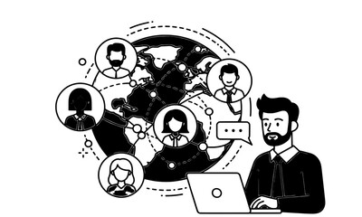 Modern Line Art Illustrations Depicting a Professional Engaging with Global Network Connections for Business and Technology Themes