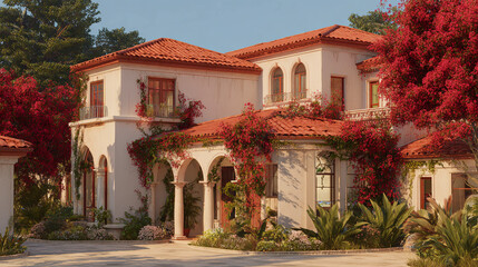 Fototapeta premium Beautiful Mediterranean-style villa surrounded by vibrant flowers