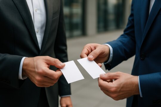 Business Card Exchange: Two professional figures engage in a customary exchange of business cards, symbolizing networking and connection in a corporate setting.