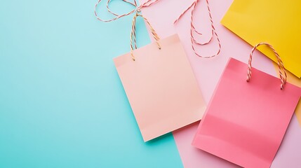 Pastel shopping bags with string handles on a colorful background flat lay arrangement view from above