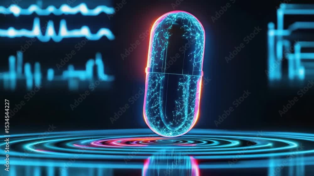 Poster a futuristic digital capsule hovers above a glowing circular platform, surrounded by holographic dat