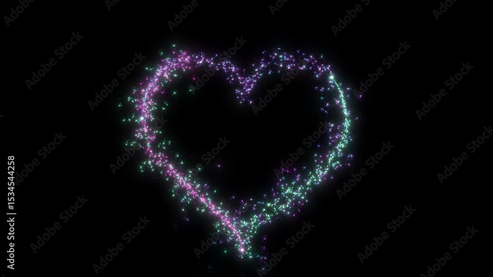 Poster sparkling neon glitter heart animation on black background,shimmering particle heart outline in pink