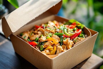 Close up of a cardboard box filled with stir fried chicken and vegetables outdoors in natural light