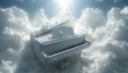 White grand piano seemingly sculpted from clouds floats amidst a bright, ethereal sky filled with puffy clouds