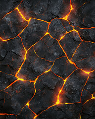 Cracked volcanic rock with glowing molten lava visible through fissures on a dark, textured surface.