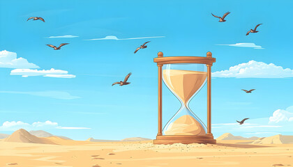 Desert landscape with an hourglass standing on sand. Birds flying in the sky
