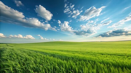 Serene landscape of rolling green wheat field under a vivid blue sky with fluffy white clouds