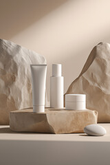 Minimalist skincare packaging mockup displayed on a natural stone base with sculptural elements in a neutral setting