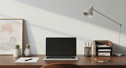 Desk with laptop and cactus