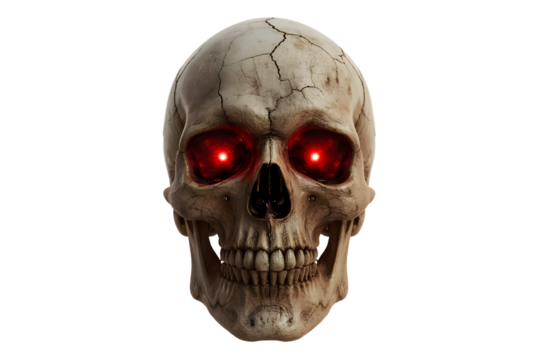 Human skull, glowing red eyes