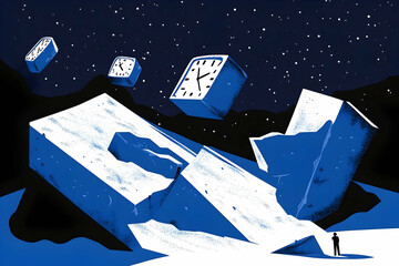 Abstract illustration of time and destruction.  A solitary figure confronts a night landscape