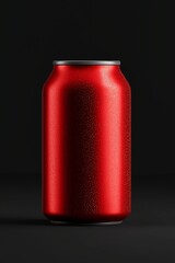 Realistic 3D render of a vibrant red soda can with condensation against a dark background, showcasing design details and allure for beverage marketing