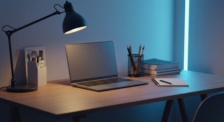 Desk with Laptop and Lamp
