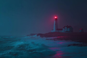 Fototapeta premium Stormy ocean waves crash against a rugged coastline while a lighthouse emits a warm neon glow under dark, swirling clouds and rain