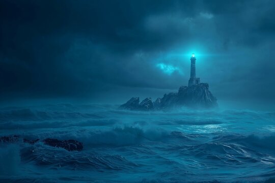 Stormy ocean waves crashing against rocks near a lighthouse glowing with neon blue light on a dark, turbulent night