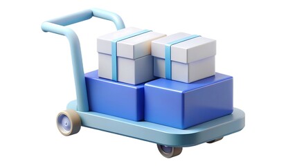 A 3d render of a blue hand truck carrying gift boxes illustrating delivery and shopping concepts
