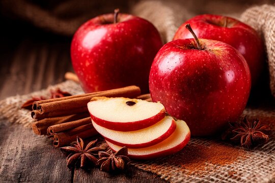 Three ripe red apples are placed on a textured wooden surface, accompanied by cinnamon sticks and slices of apple. The warm setting evokes the essence of autumn and seasonal cooking