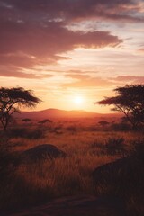Dreamy sunset casting warm hues over the African savannah with silhouettes of trees and rolling hills enhancing the tranquil atmosphere
