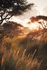 Mesmerizing sunset casts warm glow over African savannah with tall grass swaying in the gentle breeze