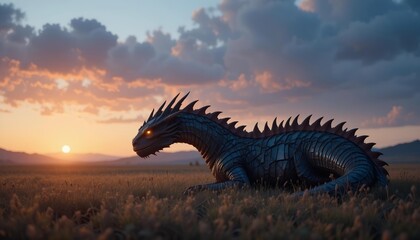 Injured dragon lying quietly in an open field at dusk with faintly glowing eyes